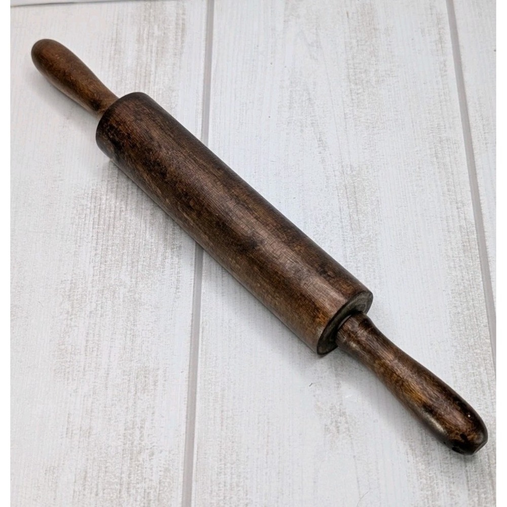 Vintage Wooden Rolling Pin 14" Dark Wood Primitive Farmhouse Kitchen Decor